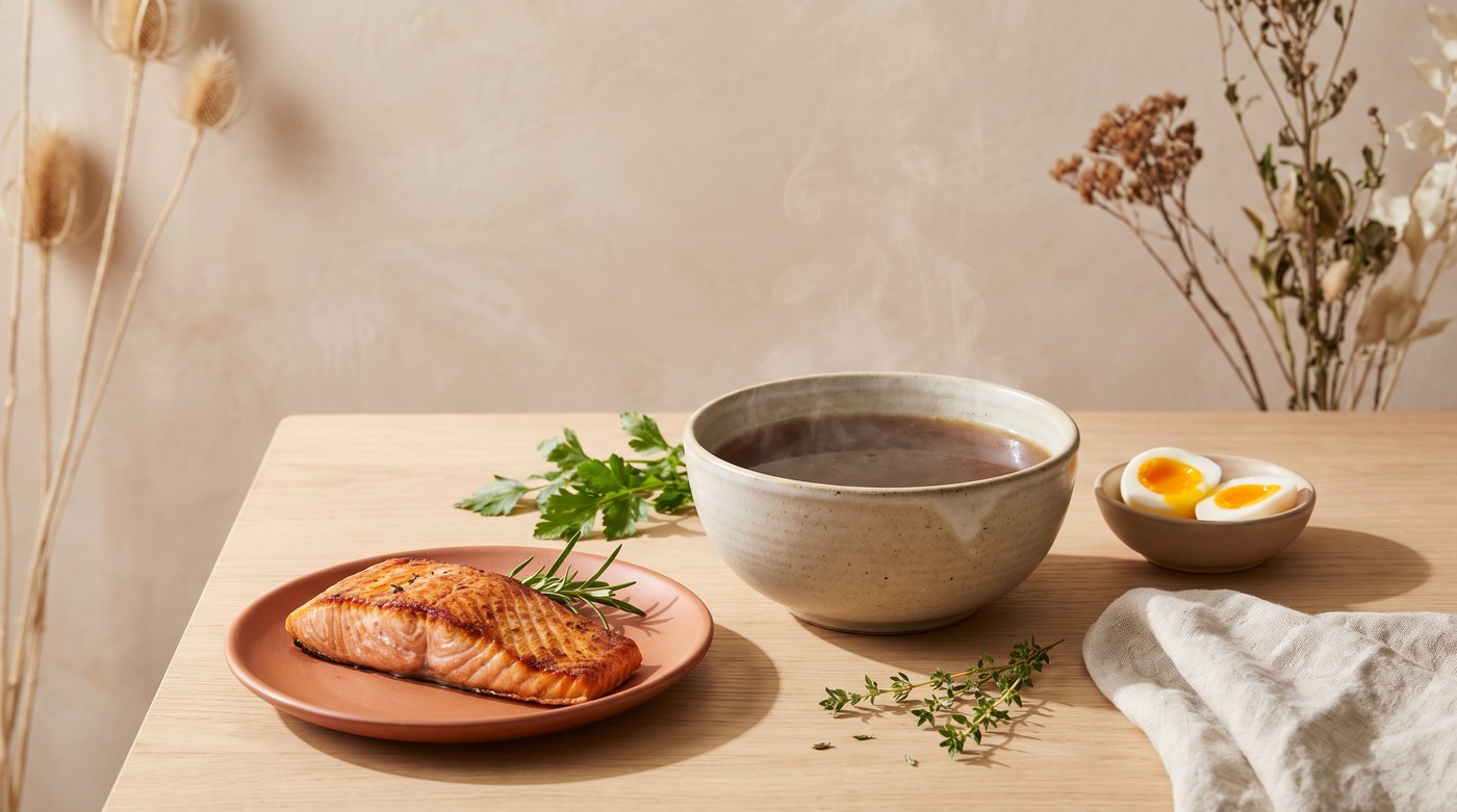 Nước hầm xương, cá và trứng — nguồn collagen tự nhiên