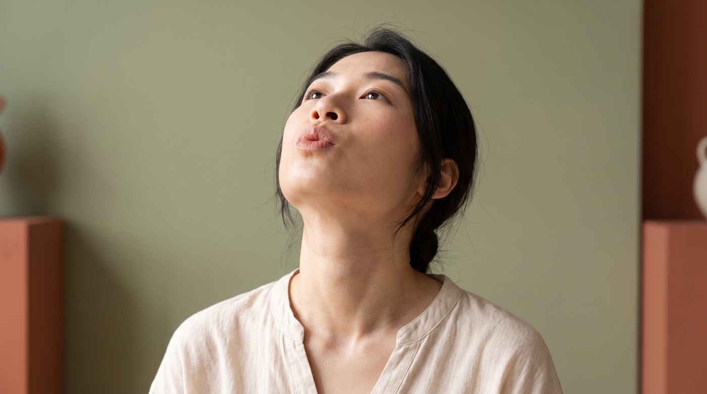 Ngửa cổ, chu môi 'hôn trần nhà' làm săn cơ cổ